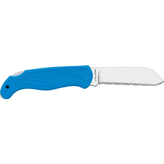 MAC Coltellerie serrated paring knife with blue ergonomic handle and stainless steel blade
