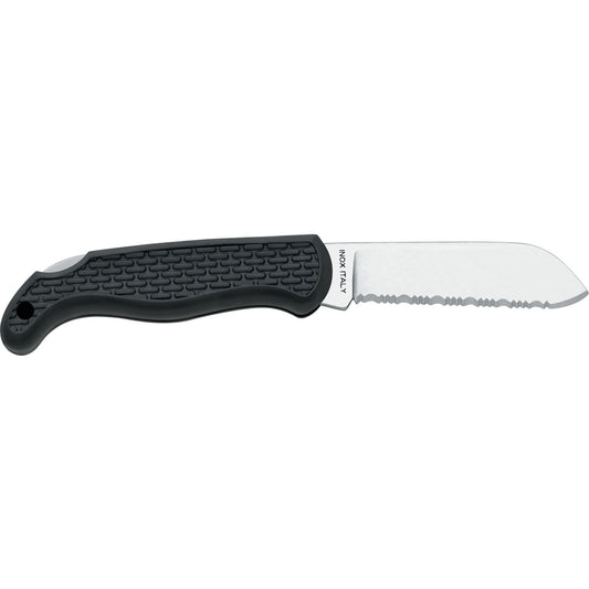MAC Coltellerie serrated paring knife with black textured grip handle and stainless steel blade