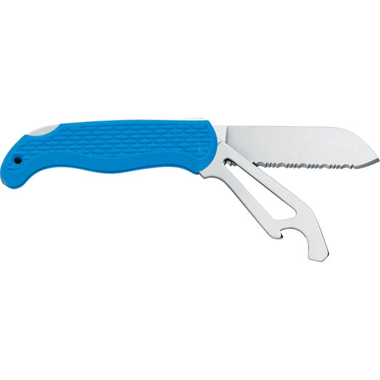 MAC Coltellerie curved serrated knife with blue ergonomic handle and stainless steel blade