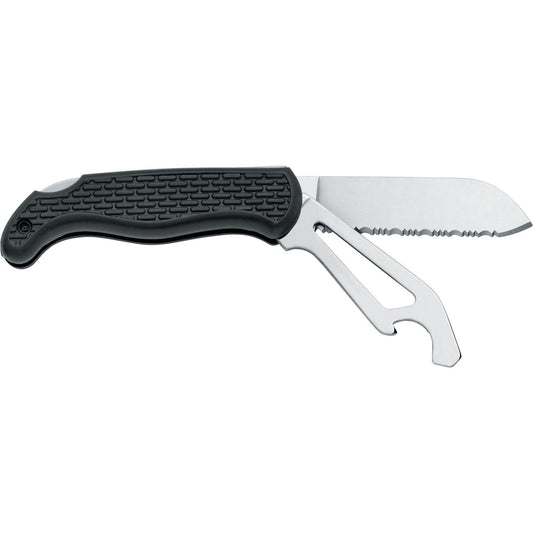 MAC Coltellerie curved serrated knife with black textured handle and stainless steel blade