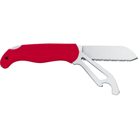 MAC Coltellerie curved serrated knife with red ergonomic handle and stainless steel blade