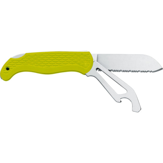 MAC Coltellerie curved serrated knife with yellow ergonomic handle and stainless steel blade