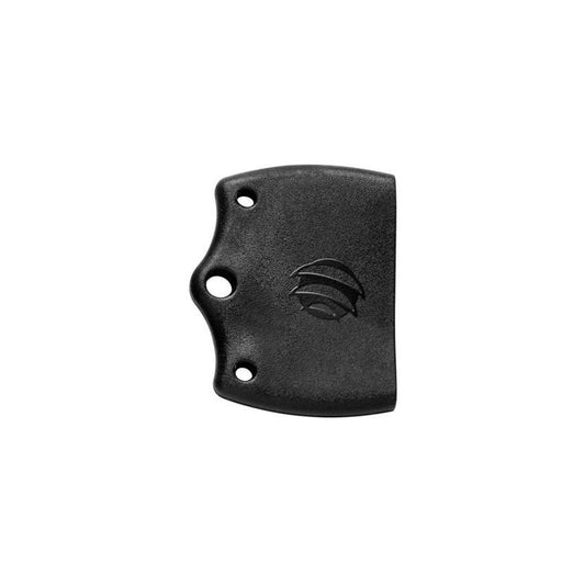 Black knife handle scale with MAC Coltellerie logo and mounting holes - 3 hole configuration angled view
