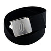 MAC Coltellerie tactical belt with silver metal buckle featuring engraved flame logo, black webbing