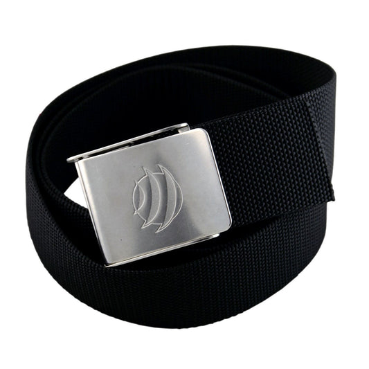 MAC Coltellerie tactical belt with silver metal buckle featuring engraved flame logo, black webbing