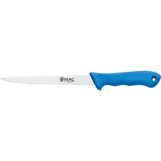 MAC Coltellerie professional kitchen knife with blue ergonomic handle and stainless steel blade