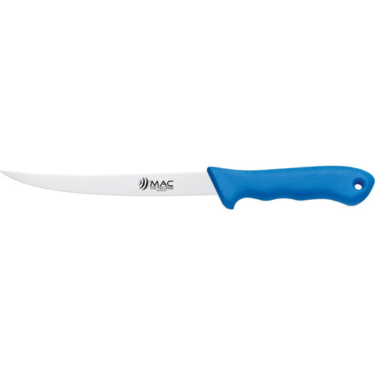 MAC Coltellerie professional kitchen knife with blue ergonomic handle and stainless steel blade