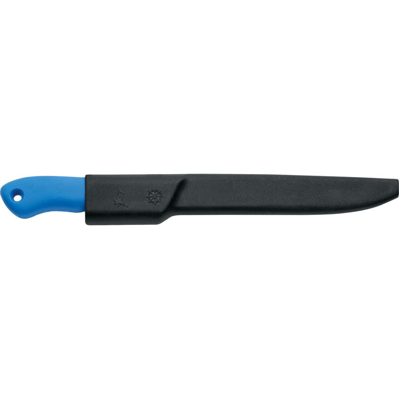 MAC Coltellerie kitchen knife with blue handle and black protective blade sheath
