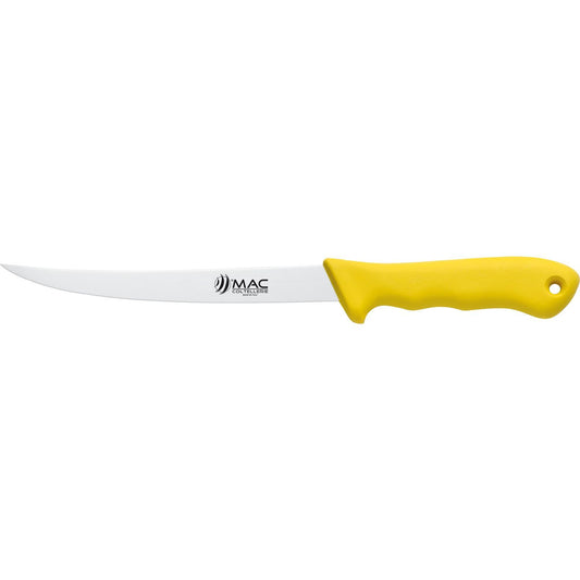 MAC Coltellerie professional kitchen knife with yellow ergonomic handle and stainless steel blade