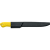 MAC Coltellerie kitchen knife with yellow handle and black protective blade sheath