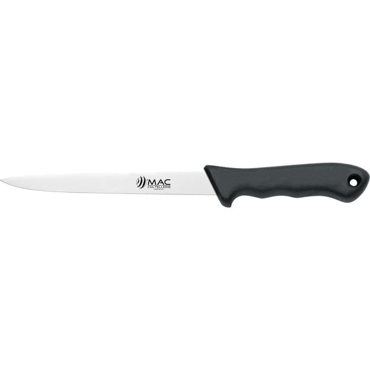 MAC branded kitchen knife with black handle and straight edge blade