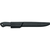 MAC kitchen knife with black handle shown with black blade guard/sheath