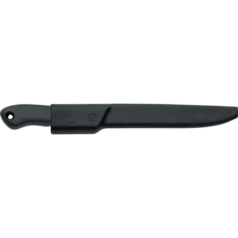 MAC kitchen knife with black handle shown with black blade guard/sheath