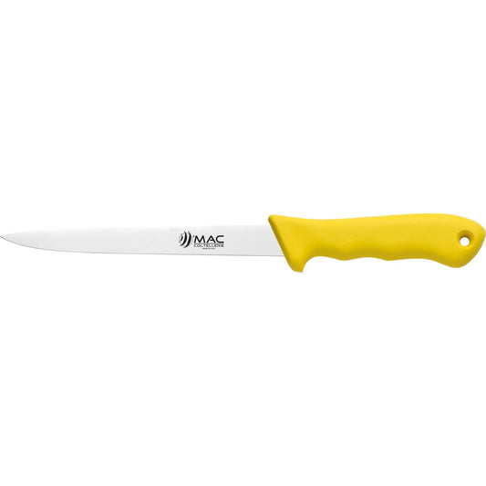 MAC Coltellerie professional kitchen knife with yellow ergonomic handle and stainless steel blade