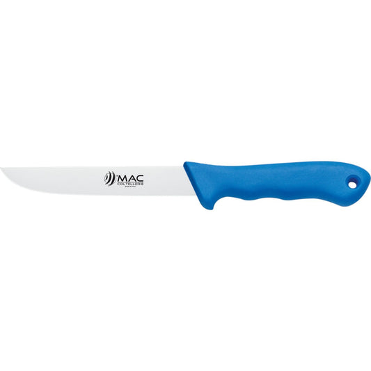 MAC Coltellerie stainless steel kitchen knife with bright blue ergonomic handle and lanyard hole