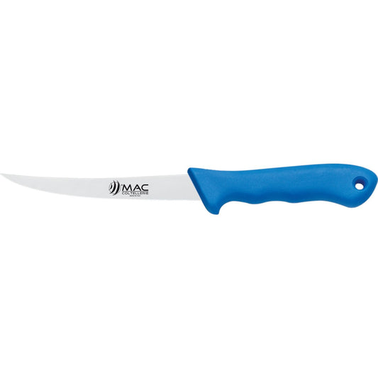MAC Coltellerie stainless steel kitchen knife with blue ergonomic handle, profile view