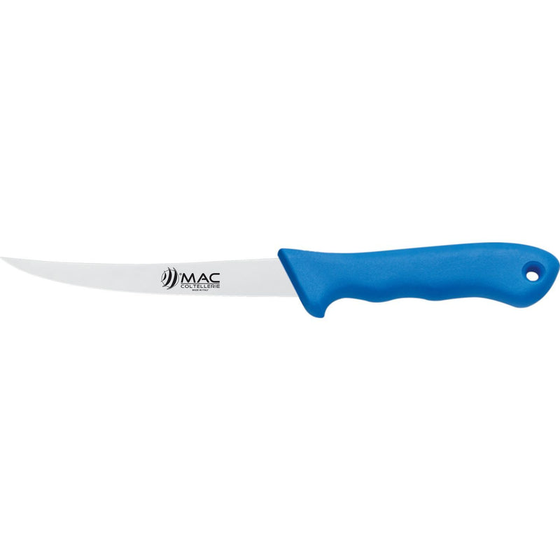 MAC Coltellerie stainless steel kitchen knife with blue ergonomic handle, profile view