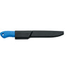 MAC Coltellerie kitchen knife with blue handle and black protective blade sheath, full length profile view