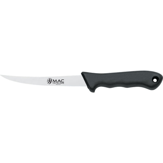 MAC Coltellerie stainless steel kitchen knife with black ergonomic handle, profile view