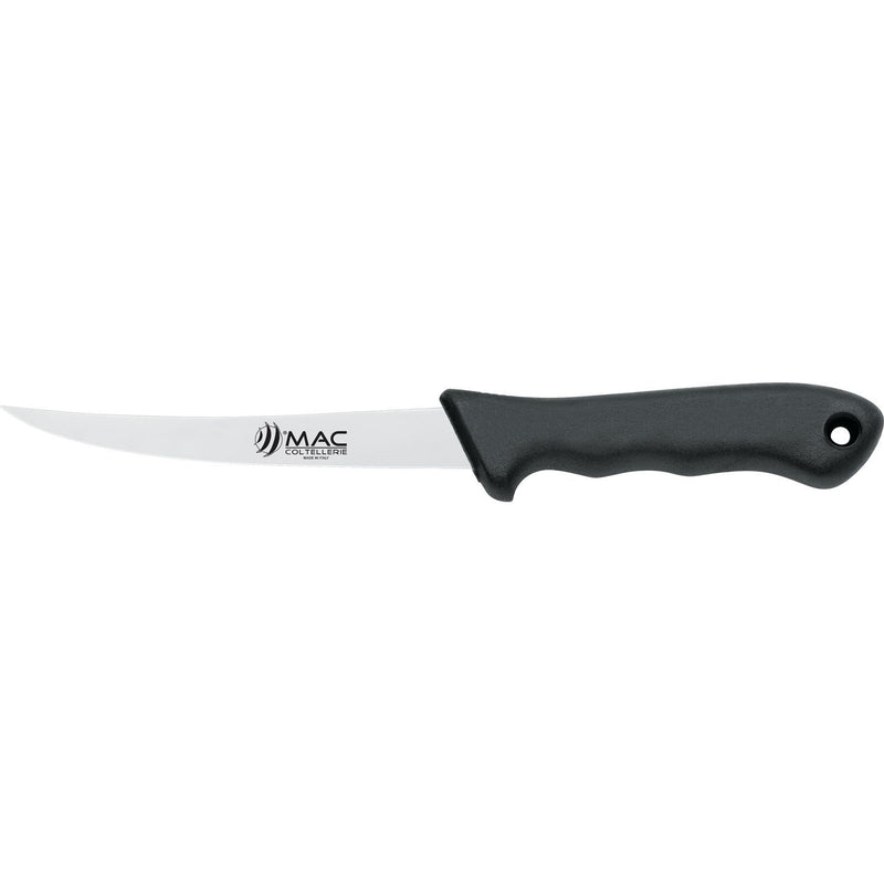 MAC Coltellerie stainless steel kitchen knife with black ergonomic handle, profile view
