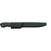 MAC Coltellerie kitchen knife with black handle and protective blade sheath, side view showing full length