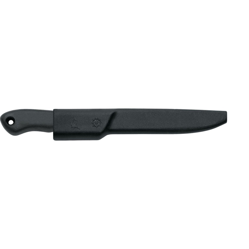 MAC Coltellerie kitchen knife with black handle and protective blade sheath, side view showing full length
