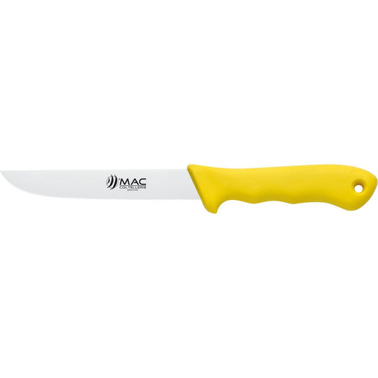 MAC Coltellerie stainless steel kitchen knife with yellow ergonomic handle and lanyard hole