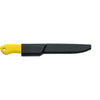 MAC Coltellerie kitchen knife with yellow handle and black protective blade sheath, full length side view