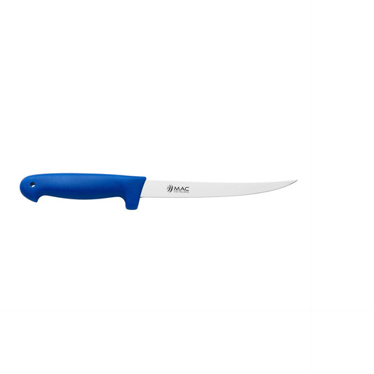 MAC Coltellerie kitchen knife with blue handle - side profile view showing blade design