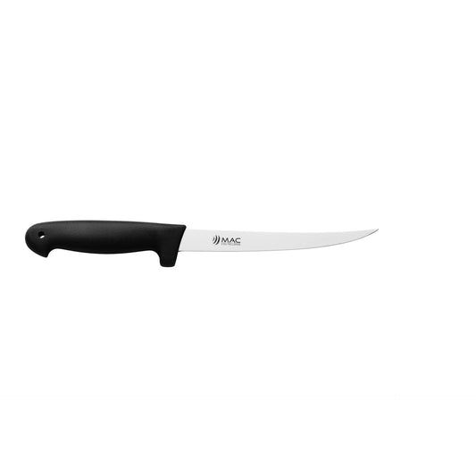 MAC Coltellerie fillet knife with black ergonomic handle and curved flexible blade for fish filleting