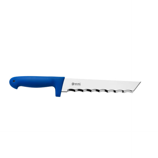 MAC Coltellerie bread knife with blue handle and serrated stainless steel blade