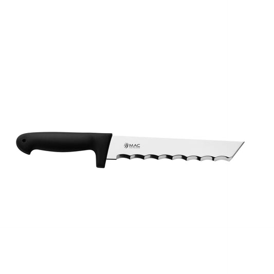 MAC Coltellerie serrated utility knife with black handle featuring scalloped edge blade