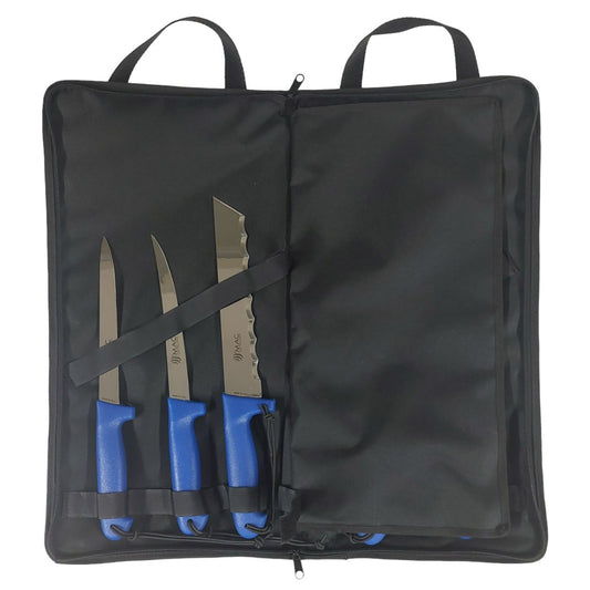 MAC Coltellerie professional knife set in black carrying case with blue-handled knives
