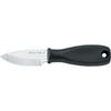 Serrated paring knife with black handle and textured stainless steel blade marked "INOX ITALY"