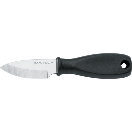 Serrated paring knife with black handle and textured stainless steel blade marked "INOX ITALY"