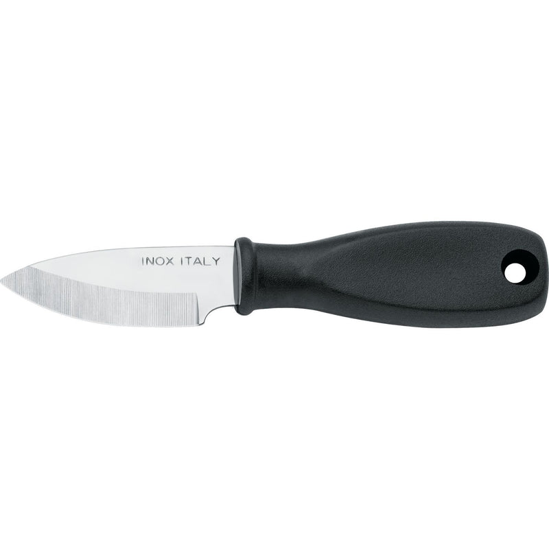 Serrated paring knife with black handle and textured stainless steel blade marked "INOX ITALY"