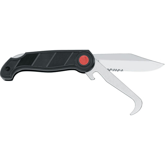 MAC Coltellerie folding rescue knife with black textured handle, red button lock, and curved hawkbill blade with serrations in open position