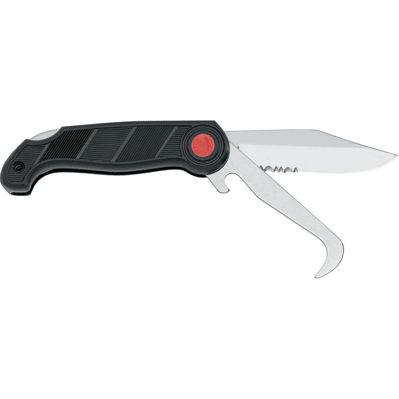 MAC Coltellerie folding rescue knife with black textured handle, red button lock, and curved hawkbill blade with serrations in open position