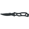 MAC Coltellerie tactical knife with serrated black blade and ergonomic black handle with cutout design