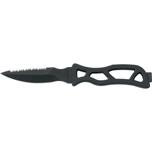 MAC Coltellerie tactical knife with serrated black blade and ergonomic black handle with cutout design