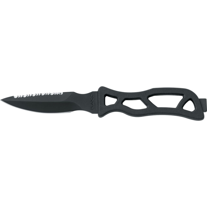 MAC Coltellerie tactical knife with serrated black blade and ergonomic black handle with cutout design