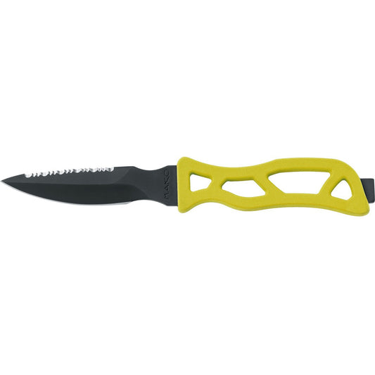 MAC Coltellerie tactical knife with serrated black blade and ergonomic yellow handle with cutout design