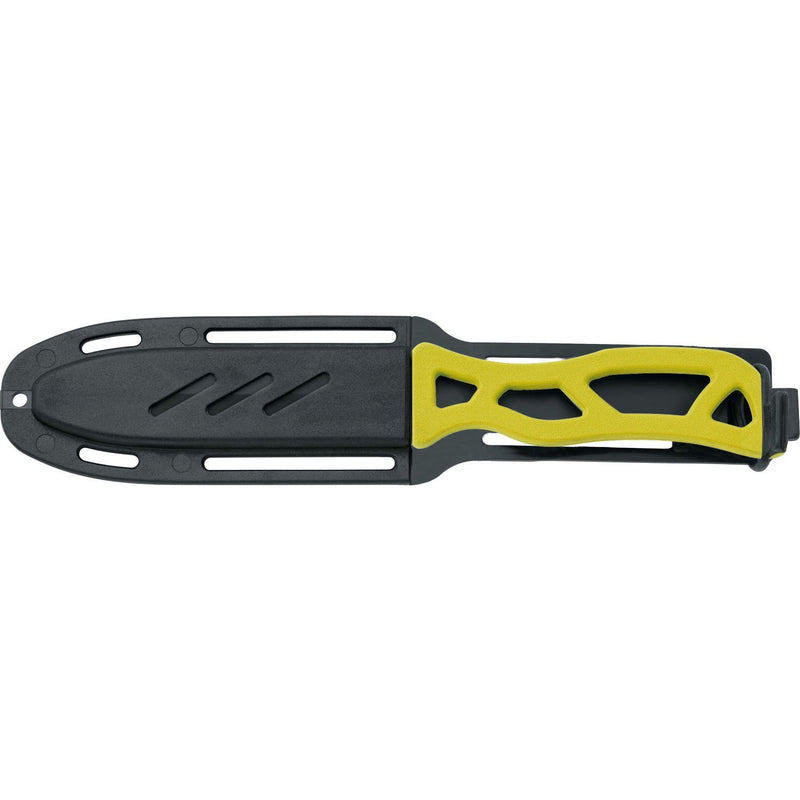 MAC Coltellerie tactical knife yellow-handled version in black sheath with drainage holes and belt attachment