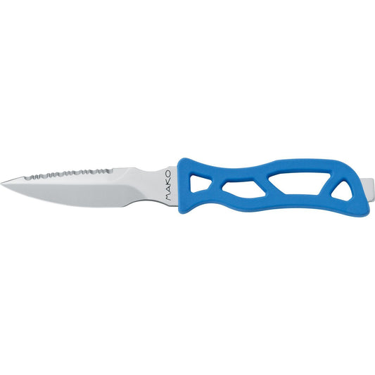 MAC Coltellerie MAK11B diving knife with serrated blade and blue ergonomic handle with cutout design