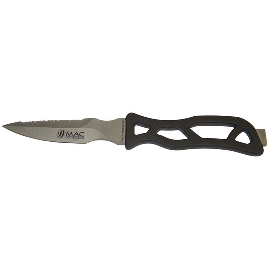 MAC Coltellerie diving knife with serrated stainless steel blade, black ergonomic handle, and MAC logo