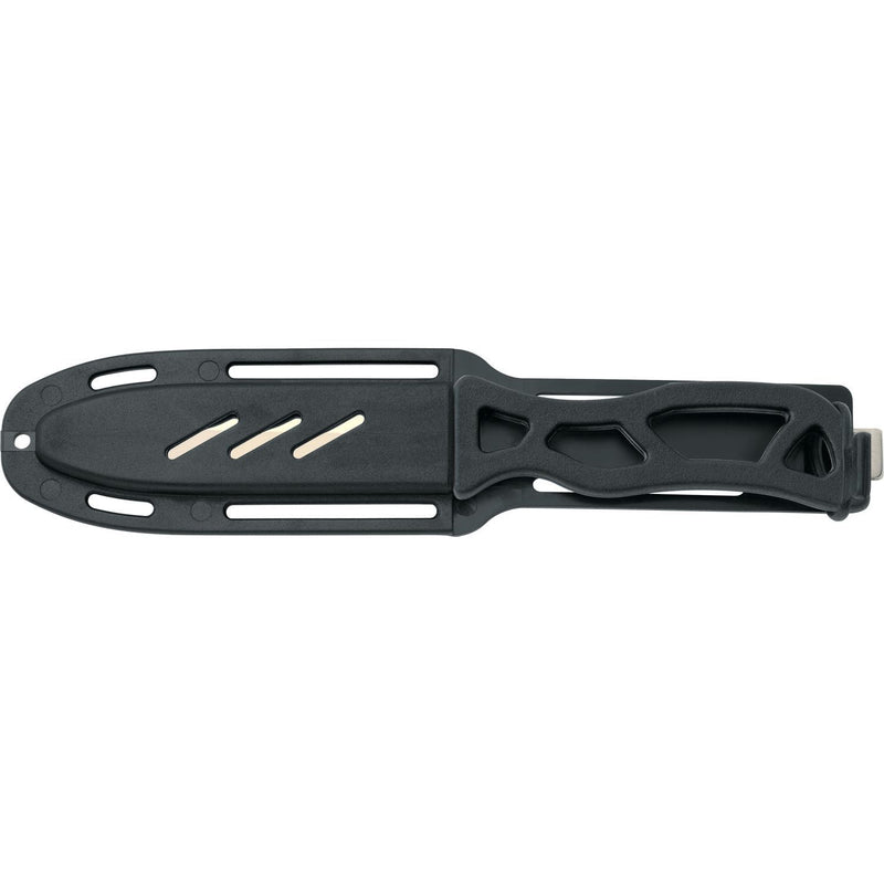 MAC Coltellerie diving knife in black sheath with tan accent stripes and secure retention system