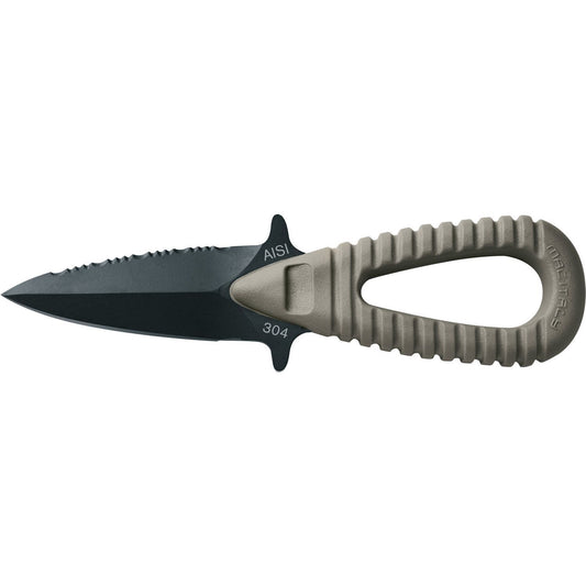 MAC Coltellerie AISI 304 stainless steel diving knife with dark blade coating and tan/beige ergonomic handle