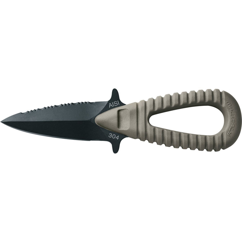 MAC Coltellerie AISI 304 stainless steel diving knife with dark blade coating and tan/beige ergonomic handle