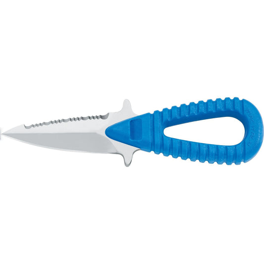 MAC Coltellerie diving knife with stainless steel blade and blue ergonomic handle with textured grip