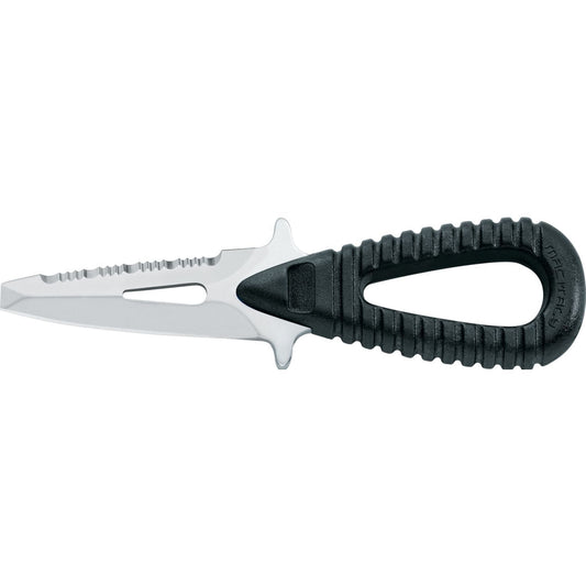MAC Coltellerie diving knife with serrated stainless steel blade and black ergonomic handle with finger slot